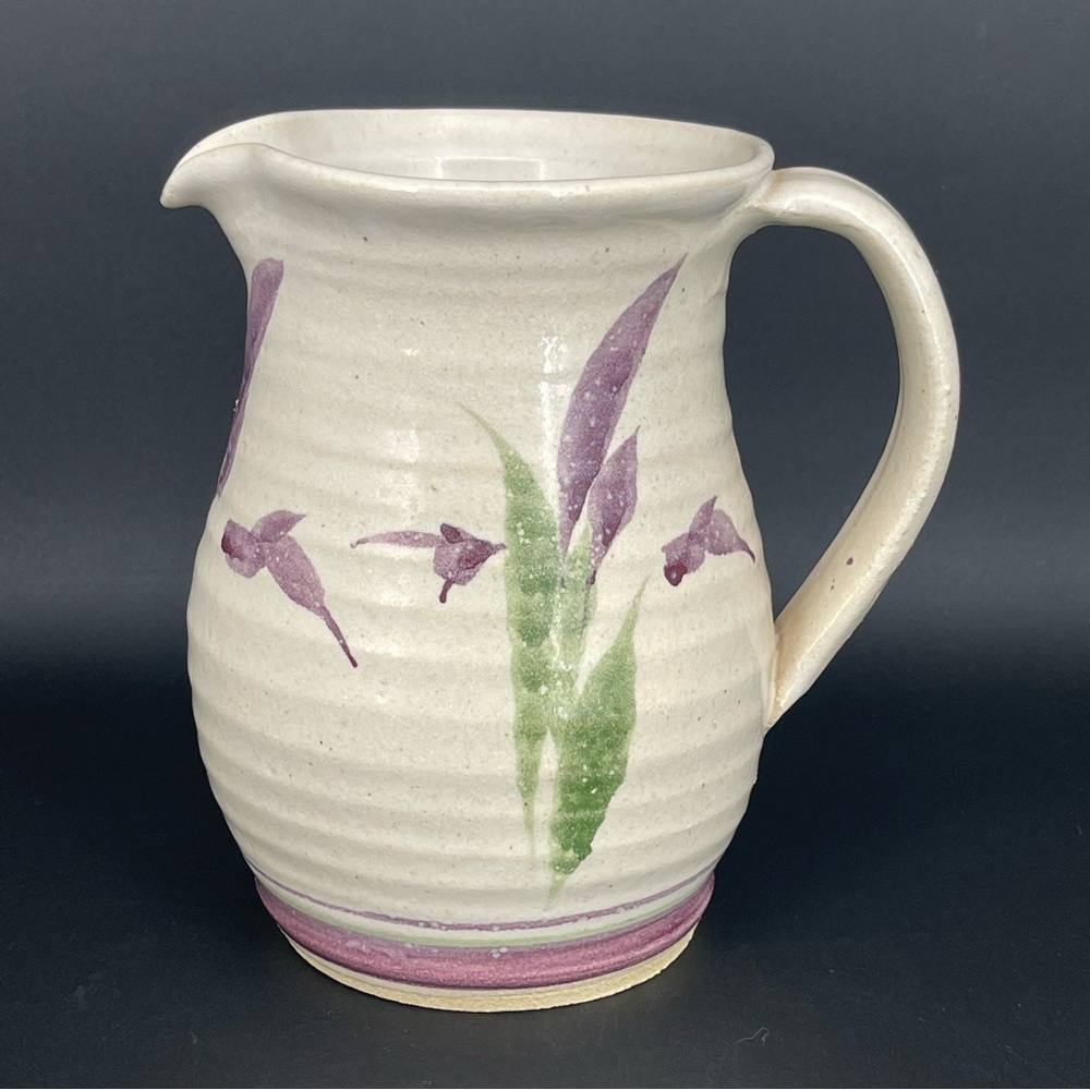 Vintage Large Handmade Pottery Pitcher/ Vase with Iris Purple Floral
